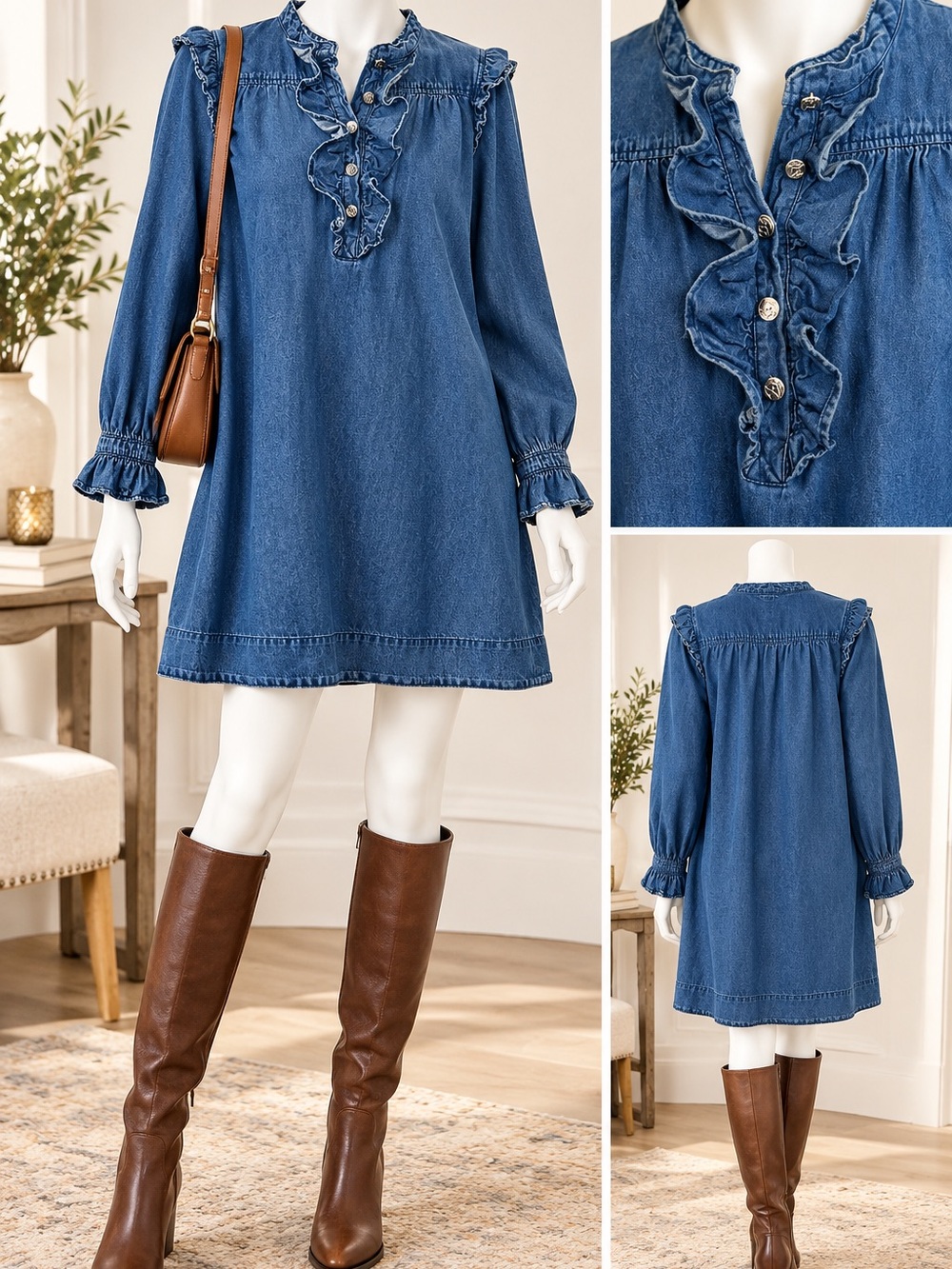Draper James Denim Ruffle-Front Dress in Blue Denim